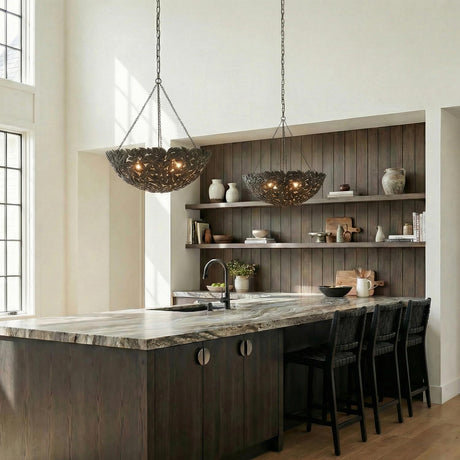 Floren Large Pendant, Aged Iron leaf design pendant in a Contemporary Kitchen with a marble island and black woven stools.