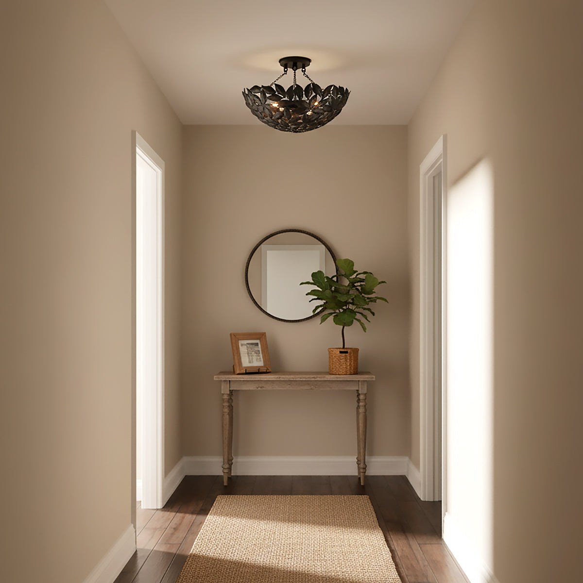 Floren Semi-Flush 16, Aged Iron - An entryway with a light fixture, console table and round mirror.