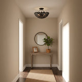 Floren Semi-Flush 16, Aged Iron - An entryway with a light fixture, console table and round mirror.
