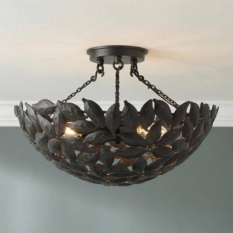 Floren Semi-Flush 16", Aged Iron leaf design Flush Mount in a Transitional Entryway with teal walls and white crown molding.