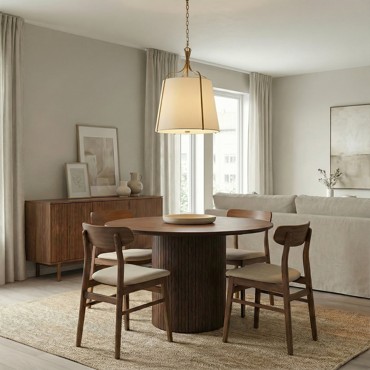 Isleton Medium Pendant 18", Aged Gilded Brass geometric Pendant in a Contemporary Dining Room with a fluted wood dining table.