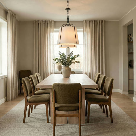 Isleton Medium Pendant 18", Aged Steel geometric Pendant in a Transitional Dining Room with a light wood dining table.