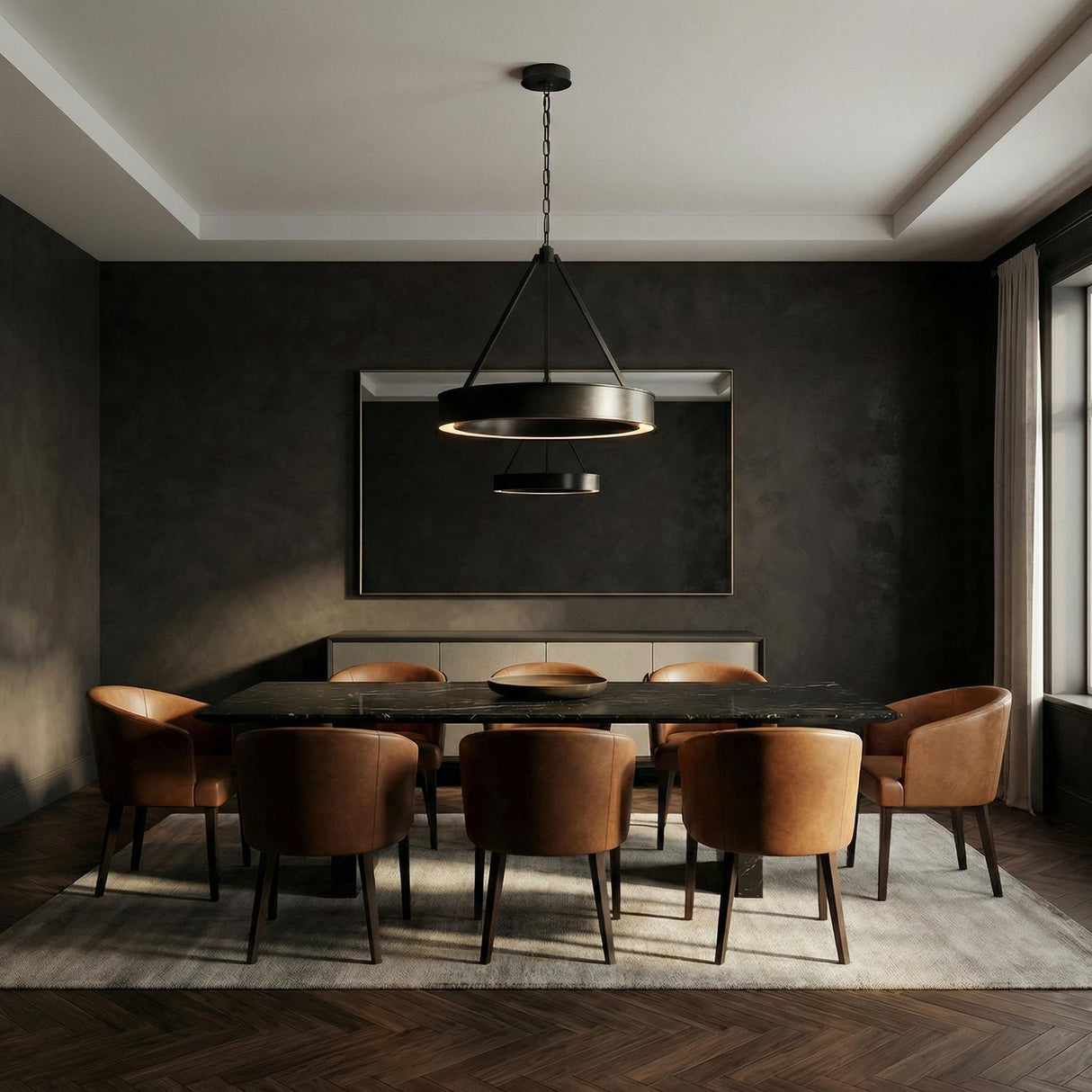 Edwin Medium LED Chandelier 28", Aged Iron geometric chandelier in a Contemporary Dining Room with a marble table and leather chairs.