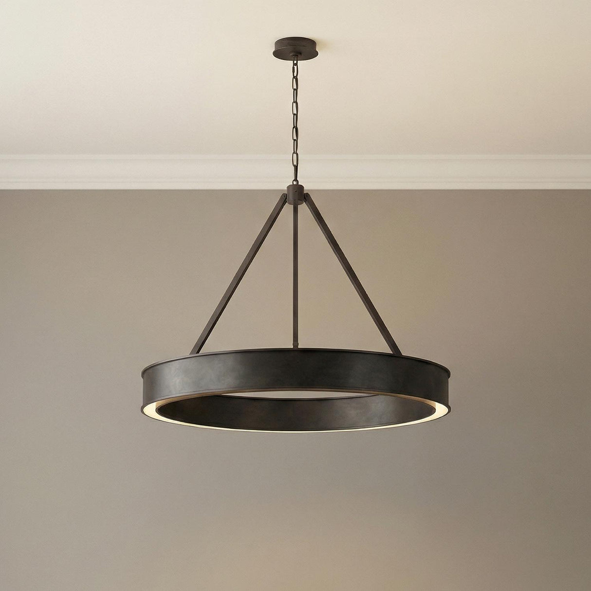 Edwin Large LED Chandelier 36", Aged Iron geometric Chandelier in a Modern Farmhouse Living Room with neutral walls and crown molding.