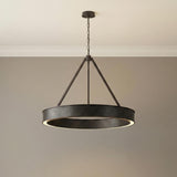 Edwin Large LED Chandelier 36", Aged Iron geometric Chandelier in a Modern Farmhouse Living Room with neutral walls and crown molding.