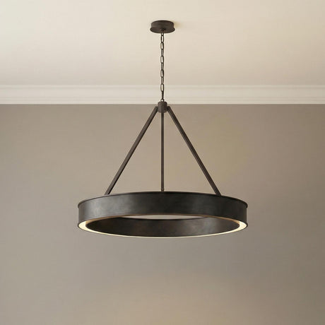 Edwin Large LED Chandelier 36", Aged Iron geometric Chandelier in a Modern Farmhouse Living Room with neutral walls and crown molding.