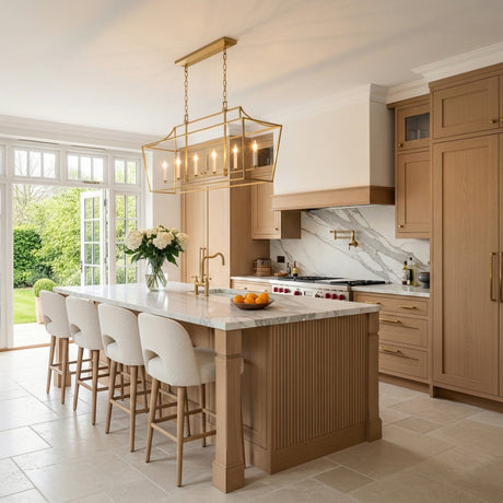 Grayden Linear Lantern 48", Modern Brass styled in a Modern Farmhouse Kitchen with natural wood and marble.
