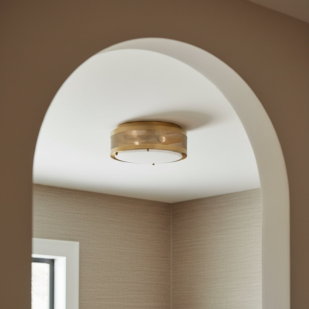 Nelson Flush Mount 12", Satin Brass for Transitional home with Warm Beige Wallpaper