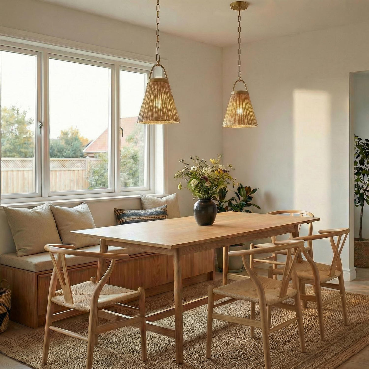 Paloma Pendant 12", Modern Brass and Rattan woven Pendant in a Coastal Dining Room with wishbone chairs and a jute rug.