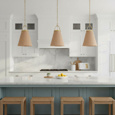 Paloma Pendant 12", Modern Brass and Rattan - Three rattan pendant lights hanging over the island in a coastal kitchen.
