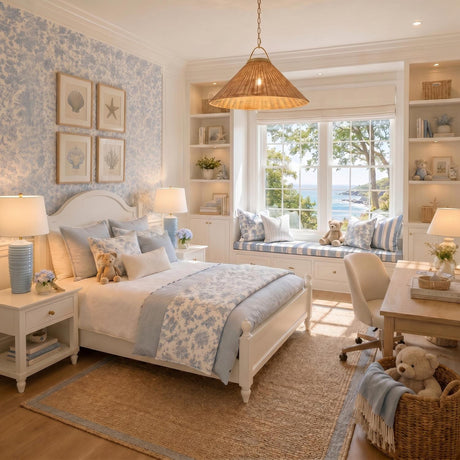 A coastal bedroom features a Paloma Pendant 30", Modern Brass and Rattan over a white bed with blue floral wallpaper and a sunlit window seat.