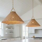 Paloma Pendant 30", Modern Brass and Rattan for Coastal home with White Shiplap