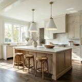 Classon Large Pendant 19", Matte White and Modern Brass geometric Pendant in a Modern Farmhouse Kitchen with a white marble island.