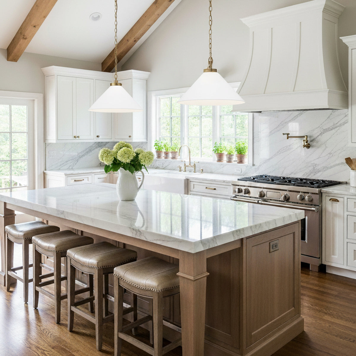 Classon Wide Pendant 23, Matte White and Modern Brass for Modern Farmhouse home with White Siding