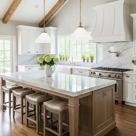 Classon Wide Pendant 23, Matte White and Modern Brass for Modern Farmhouse home with White Siding