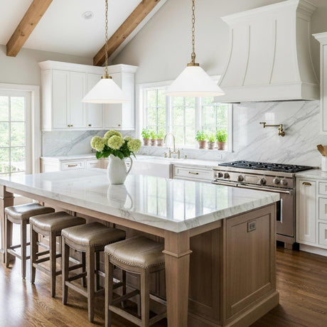 Classon Wide Pendant 23, Matte White and Modern Brass for Modern Farmhouse home with White Siding