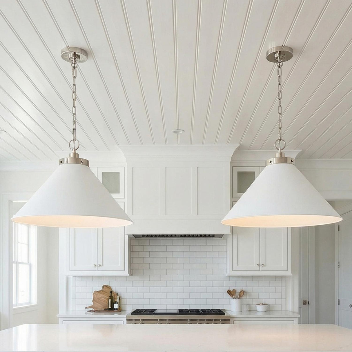 Classon Wide Pendant 23, Matte White and Polished Nickel for Modern Farmhouse home with White Shiplap