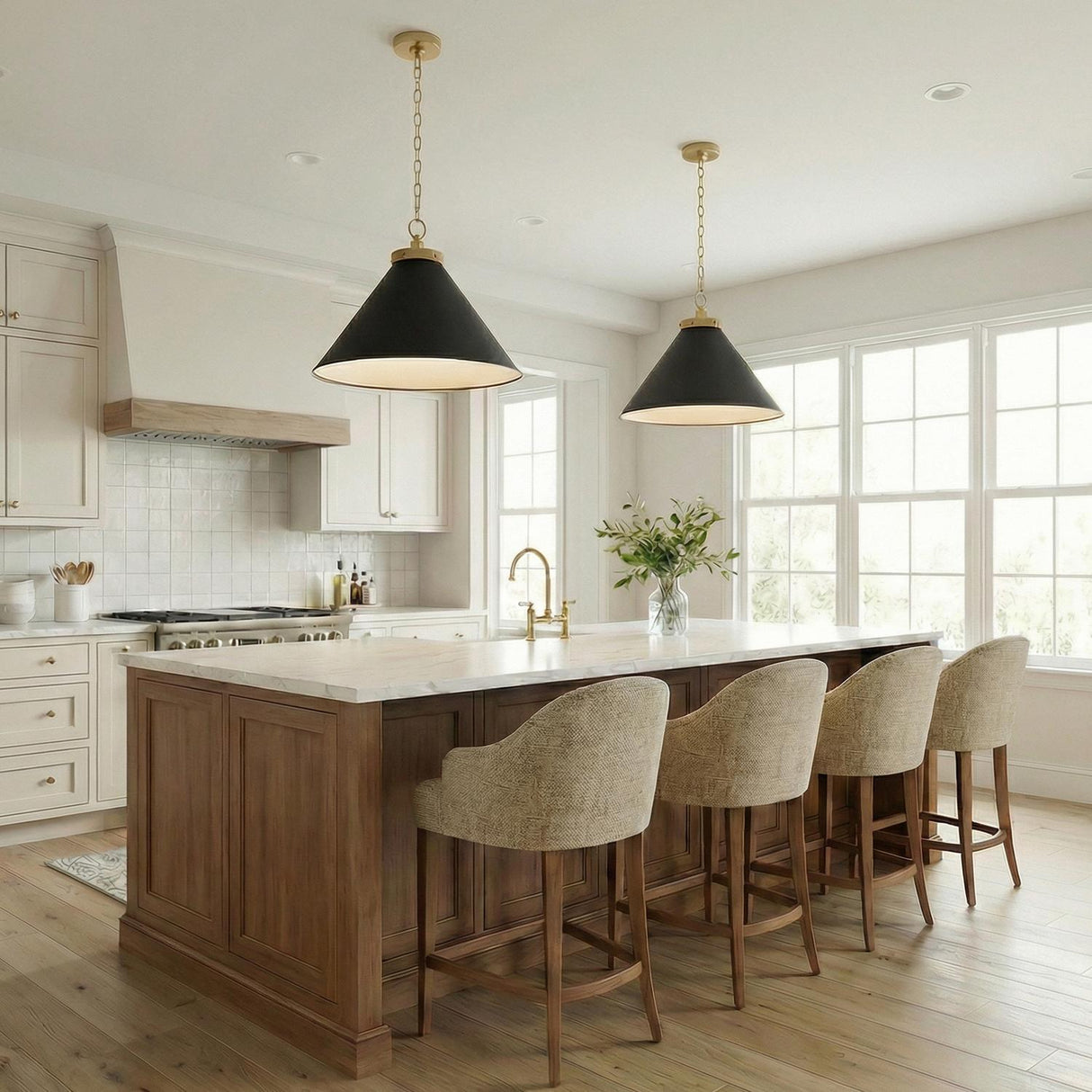 Classon Wide Pendant 23", Matte Black and Brass geometric Pendant in a Modern Farmhouse Kitchen with a white marble island.