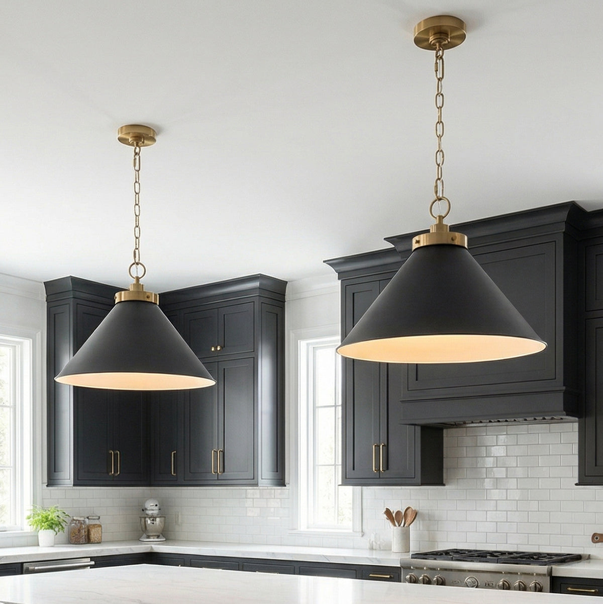 Classon Wide Pendant 23, Matte Black and Modern Brass for Modern Farmhouse home with Black Cabinetry