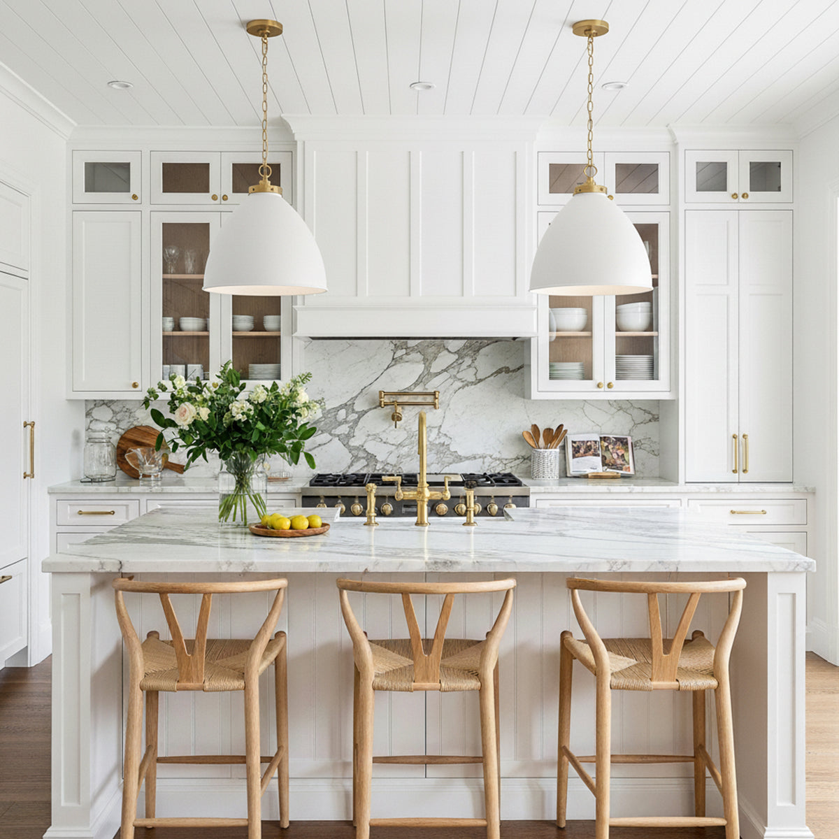 Rodney Large Pendant 18", Matte White and Modern Brass for Modern Farmhouse home with White Siding