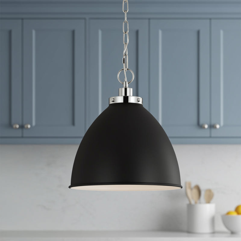 Rodney Medium Pendant 16", Matte Black and Polished Nickel for Modern Farmhouse home with Blue Cabinets