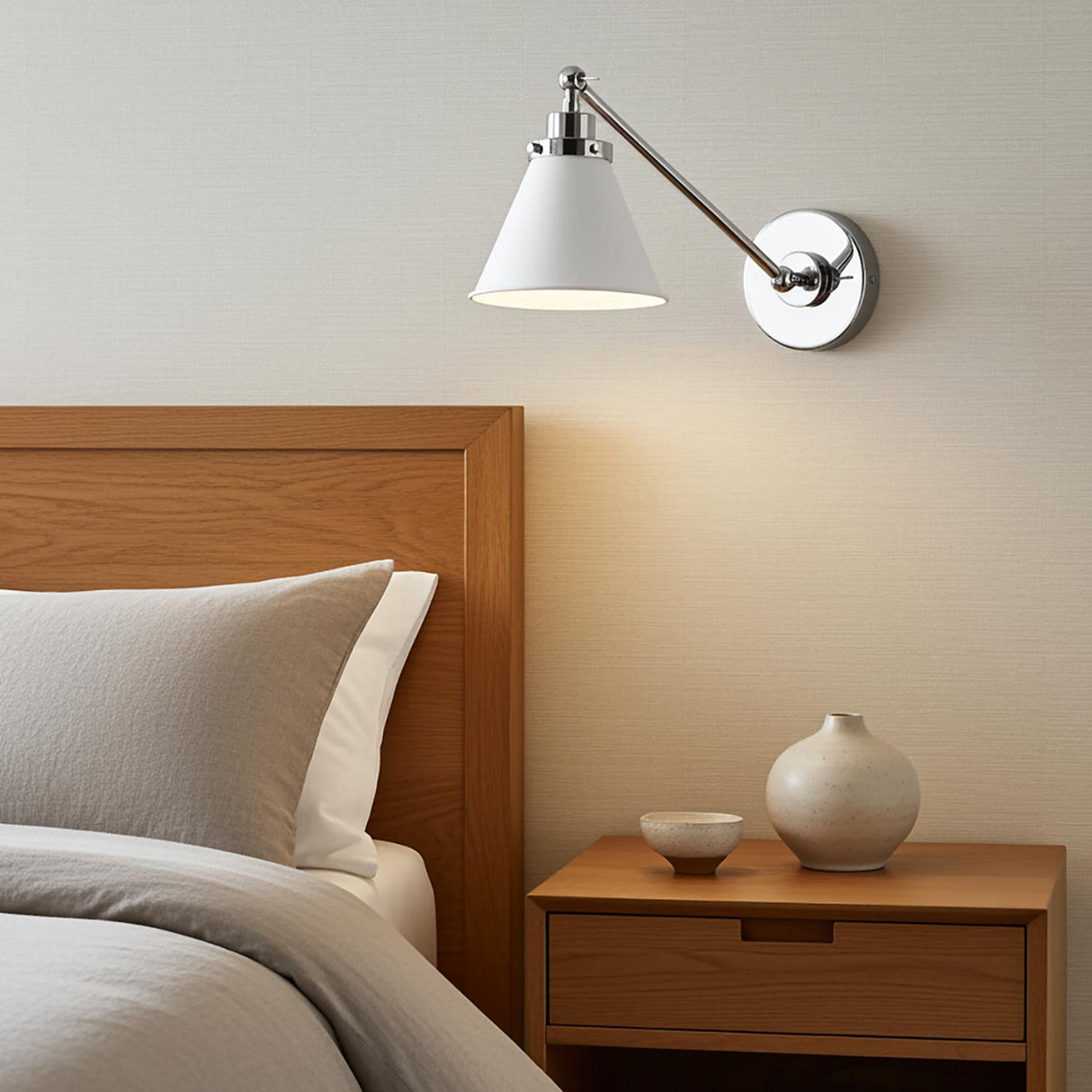 Classon Adjustable One Arm Wall Sconce, Matte White and Polished Nickel