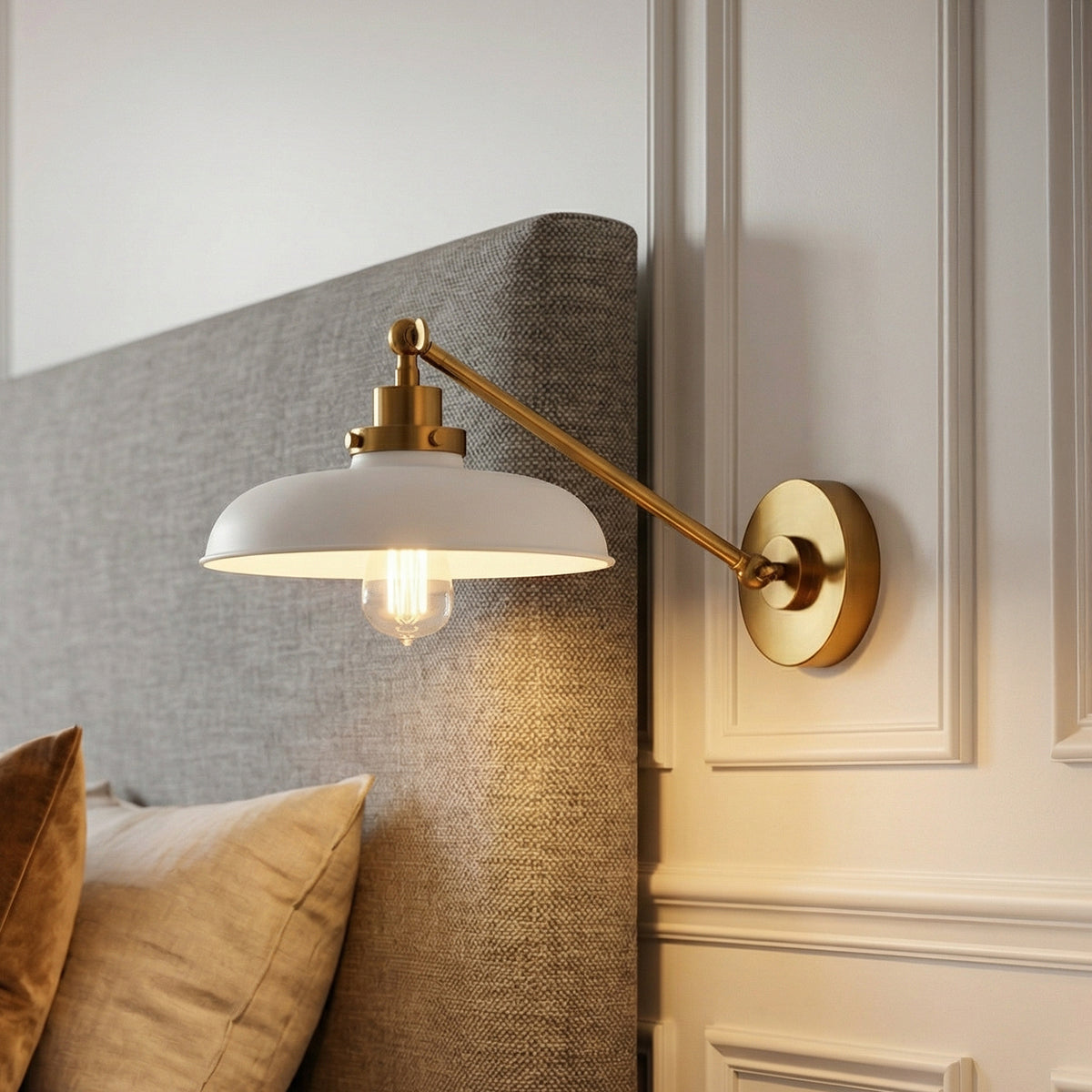 Franklin Adjustable One Arm Wall Sconce, Matte White and Modern Brass for Modern Farmhouse home with White Wainscoting