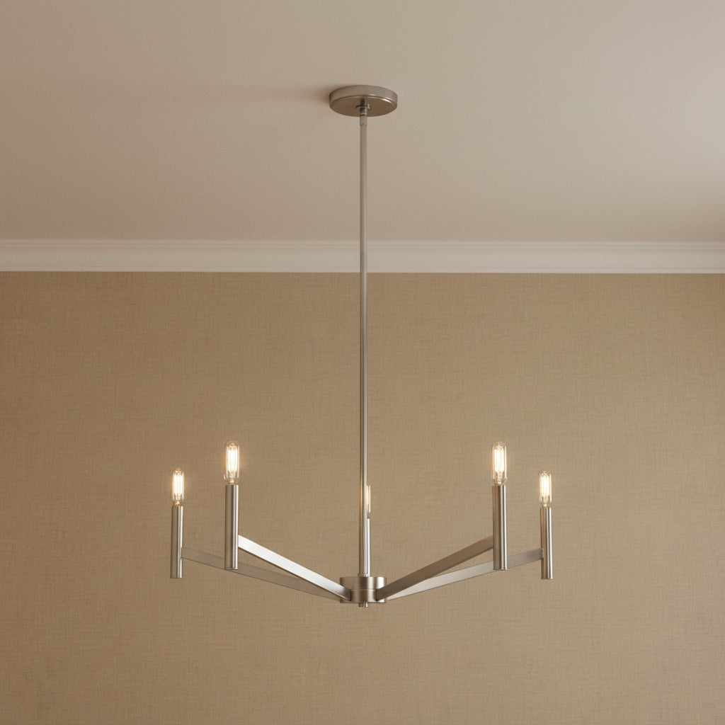 Foster 5 Light Chandelier 28", Brushed Nickel for Modern home with Textured Beige Wallpaper