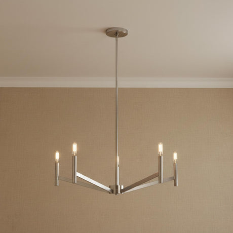 Foster 5 Light Chandelier 28", Brushed Nickel for Modern home with Textured Beige Wallpaper