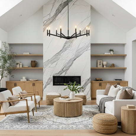 Foster 9 Light Chandelier 36", Matte Black geometric chandelier in a Transitional Living Room with a marble fireplace, slatted wood coffee table.