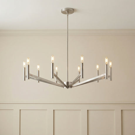 Foster 10 Light Chandelier 36", Brushed Nickel linear chandelier in a Transitional Dining Room with cream wainscoting.