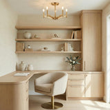 Satin Brass geometric chandelier in a Modern Office with a light wood desk.