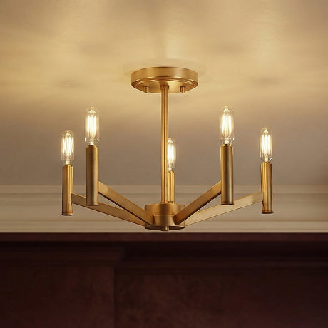 Satin Brass geometric semi-flush mount in a Transitional Dining Room with dark wood wainscoting.