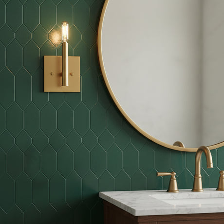 Foster Wall Sconce 9", Satin Brass for Modern home with Dark Green Tile