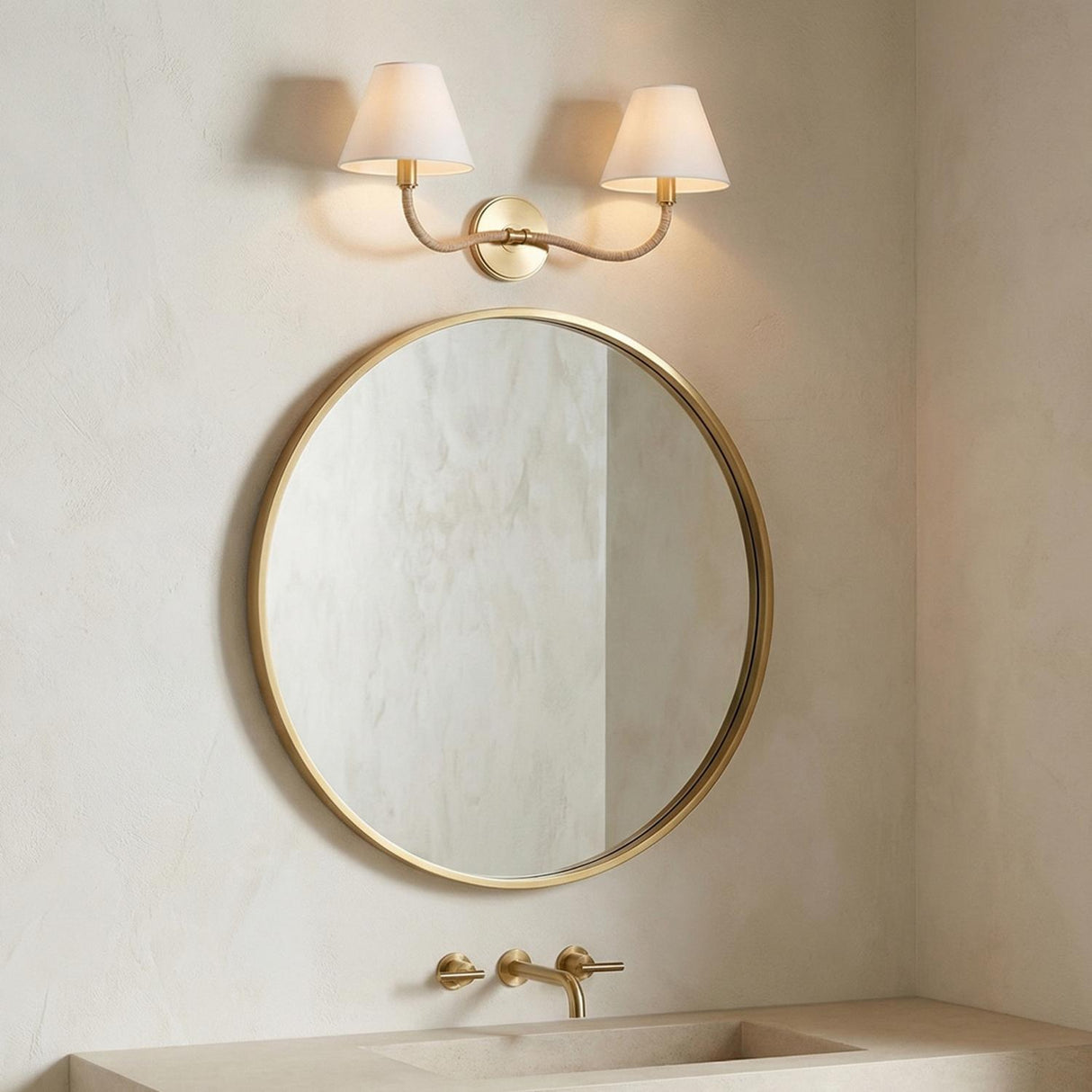 Harlow Double Wall Sconce, Modern Brass with Rattan