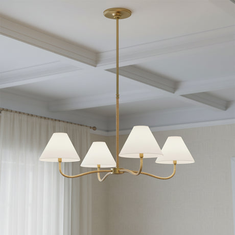 Harlow 4 Light 35" wide Chandelier in brass with rattan details and white fabric shades, for Transitional and Coastal home 