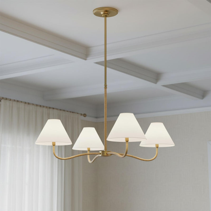 Harlow 4 Light Chandelier 35", Modern Brass with Rattan