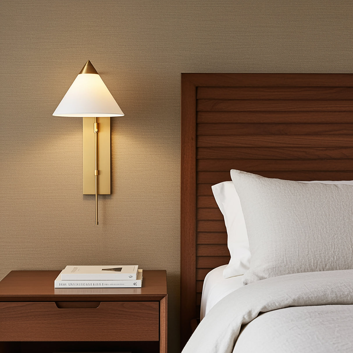 Hester Wall Sconce 26, Modern Brass for Modern home with Textured Beige Wallpaper