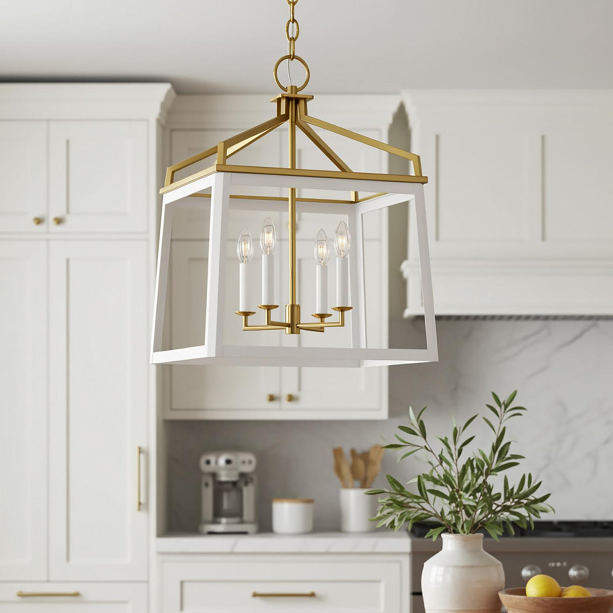 Fillmore Large Lantern Pendant 18", Matte White and Modern Brass