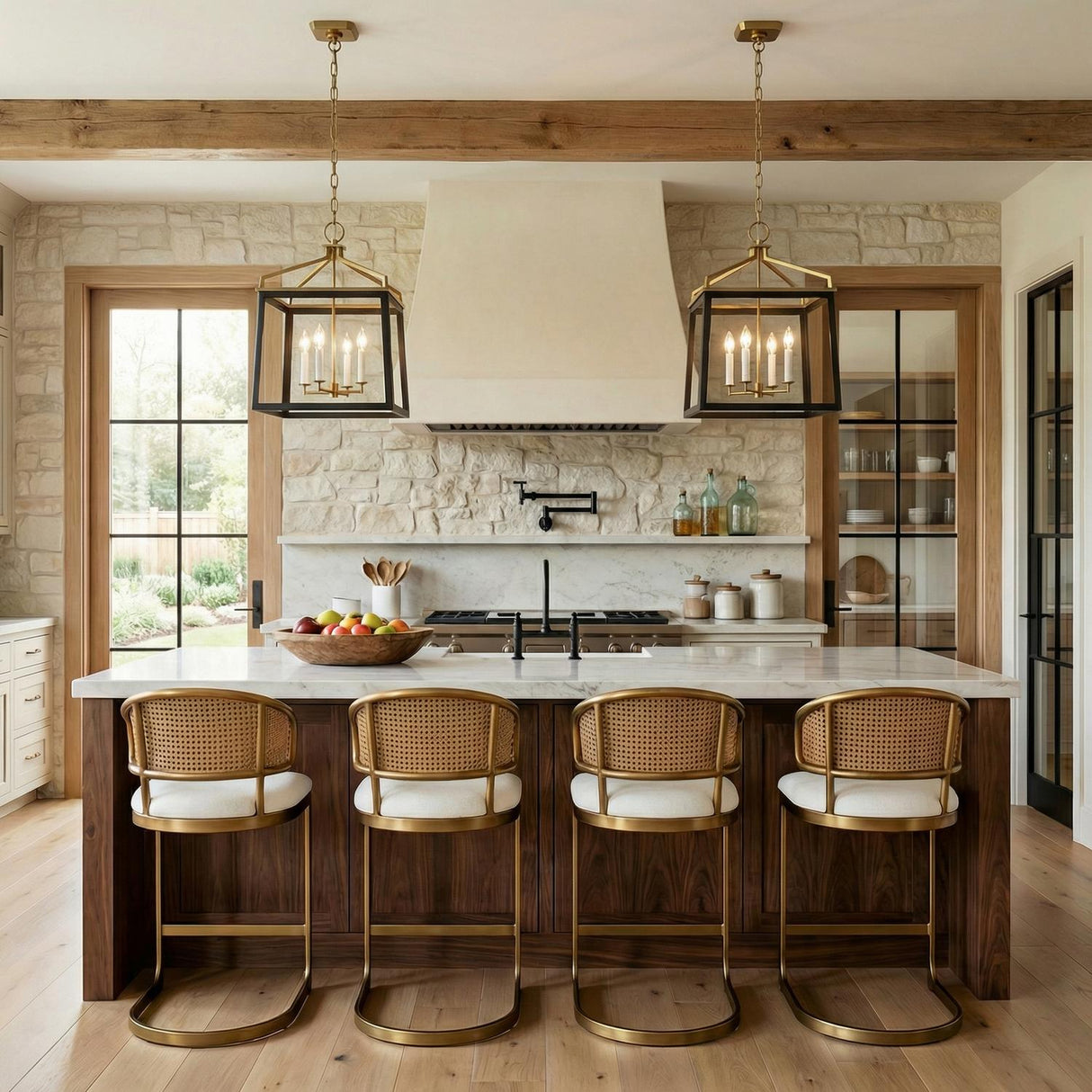 Fillmore 18" Matte Black and Brass geometric lantern pendant in a Modern Farmhouse Kitchen with a white marble island.