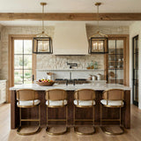 Fillmore 18" Matte Black and Brass geometric lantern pendant in a Modern Farmhouse Kitchen with a white marble island.