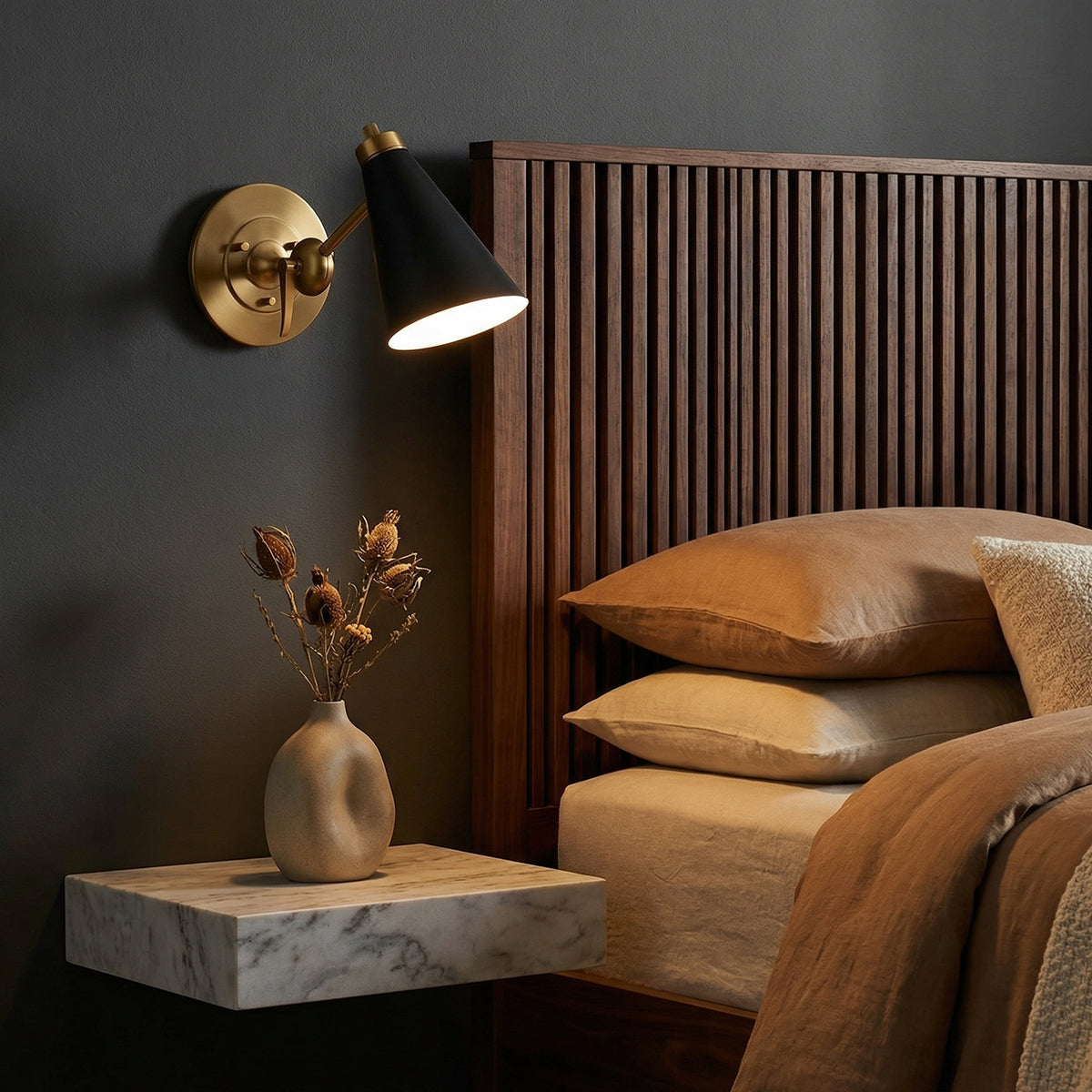 Langdon Adjustable One Arm Wall Sconce for Modern home with Dark Gray walls