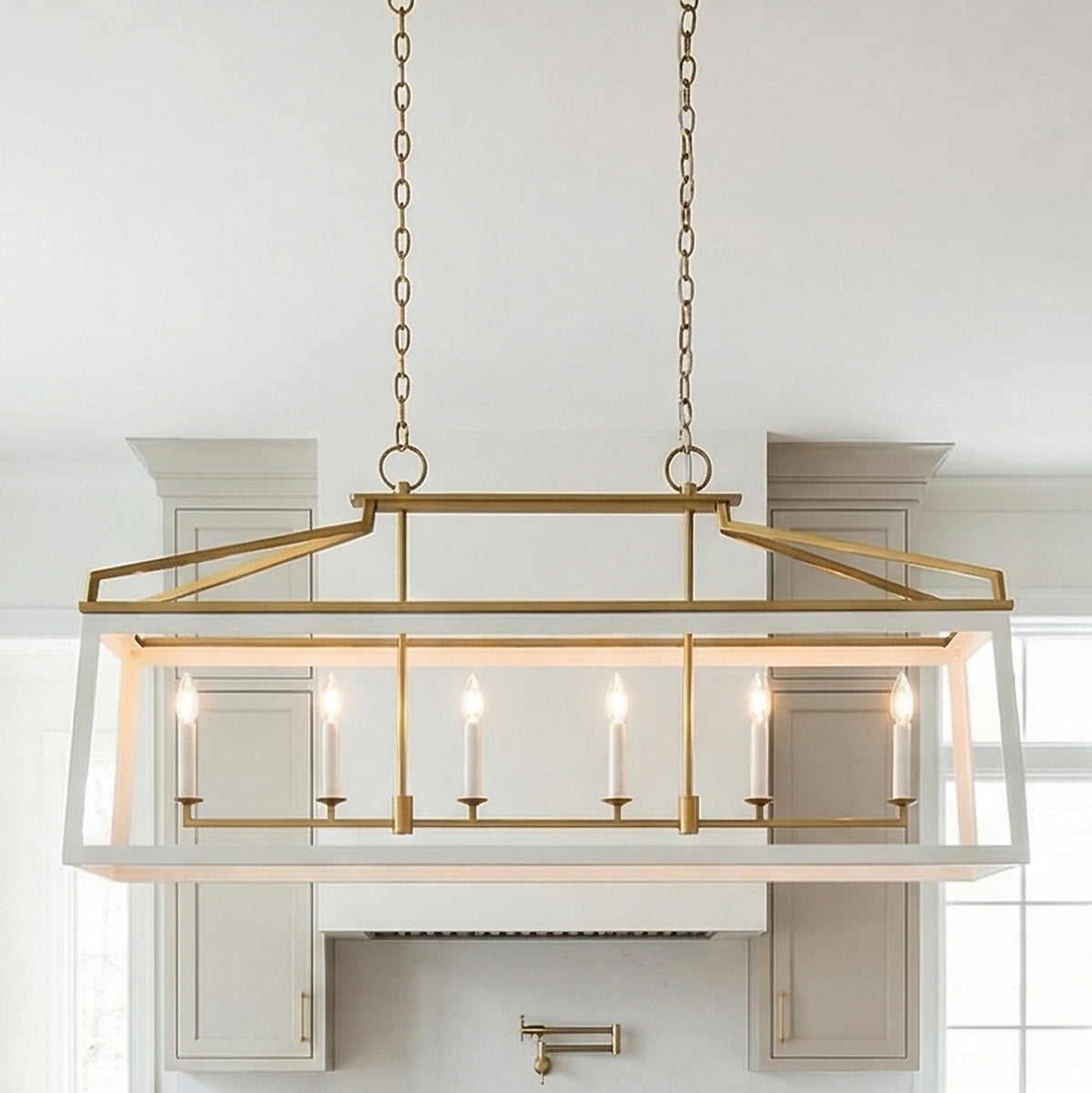 Fillmore Linear Lantern Pendant 48", Matte White and Modern Brass for Modern Farmhouse home with White Shiplap