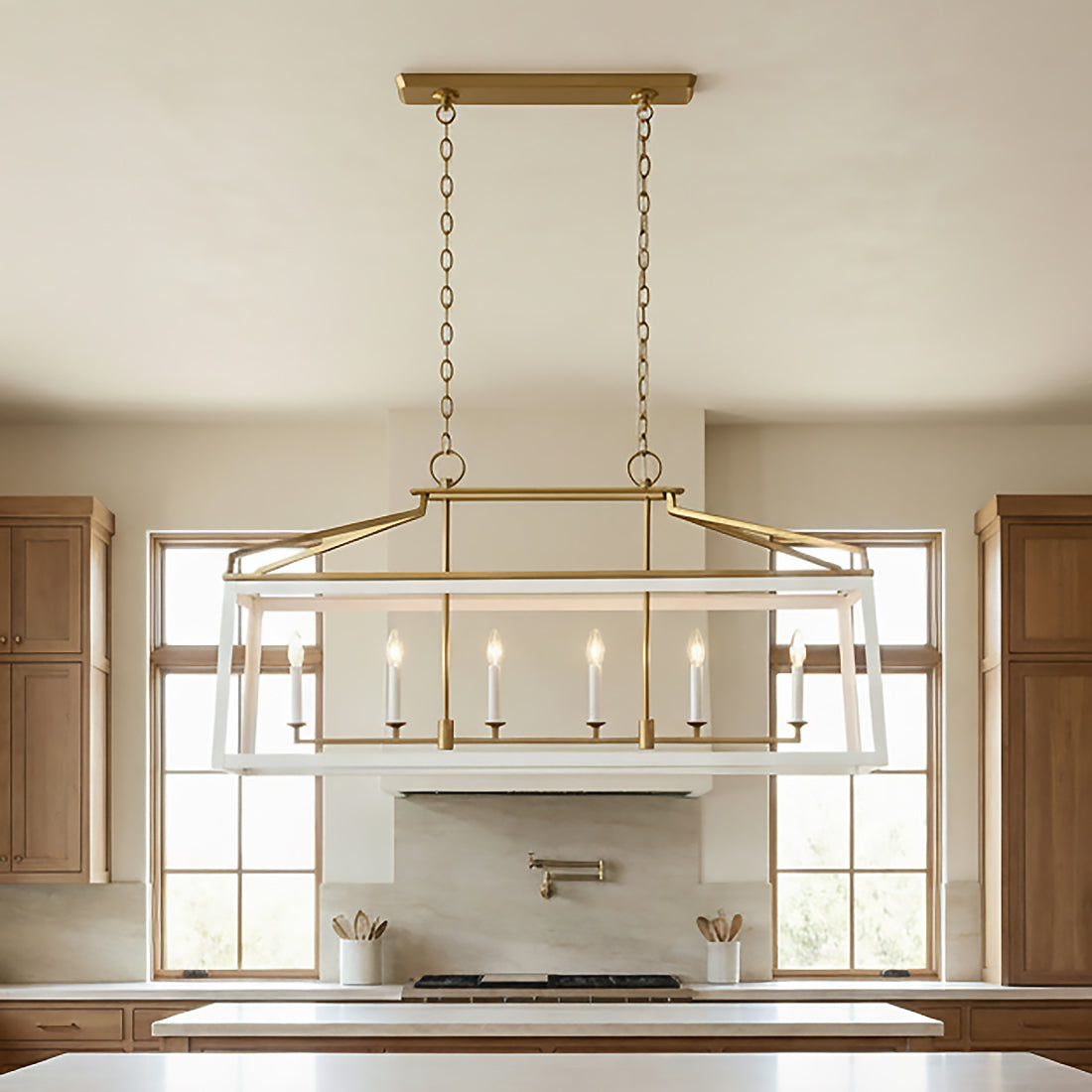 Fillmore Linear Lantern Pendant 48" for Modern Farmhouse home with White Siding