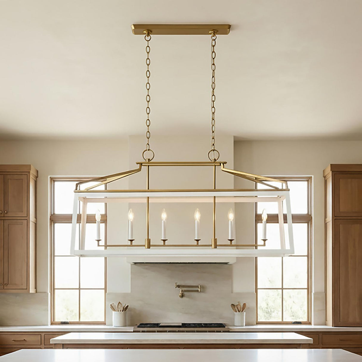 Fillmore Linear Lantern Pendant 48", Matte White and Modern Brass