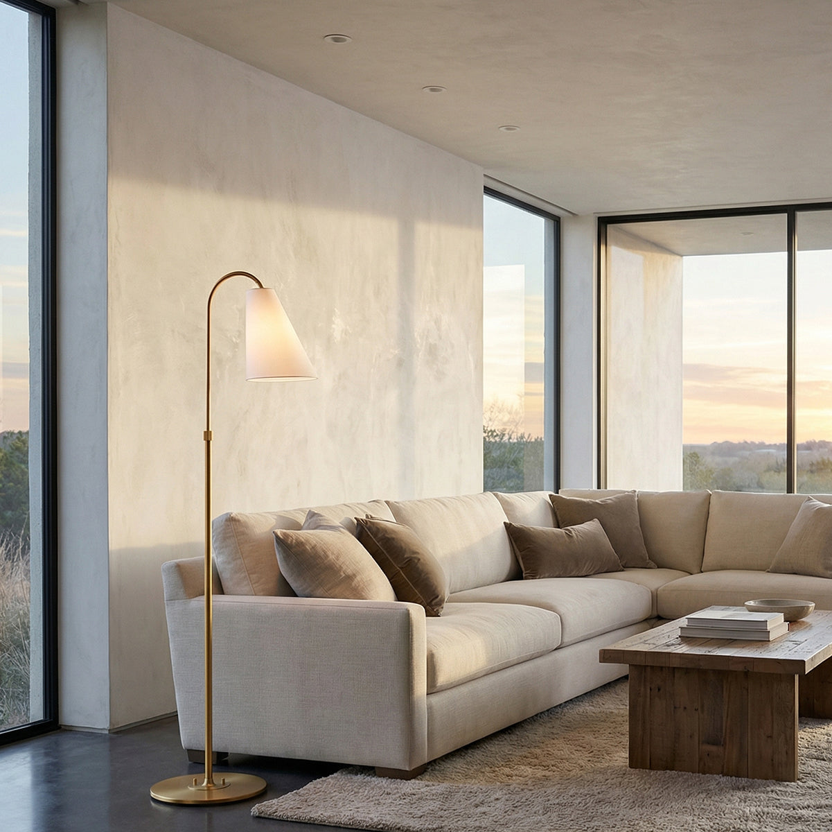 Langdon Floor Lamp, Modern Brass for Modern home with White Walls