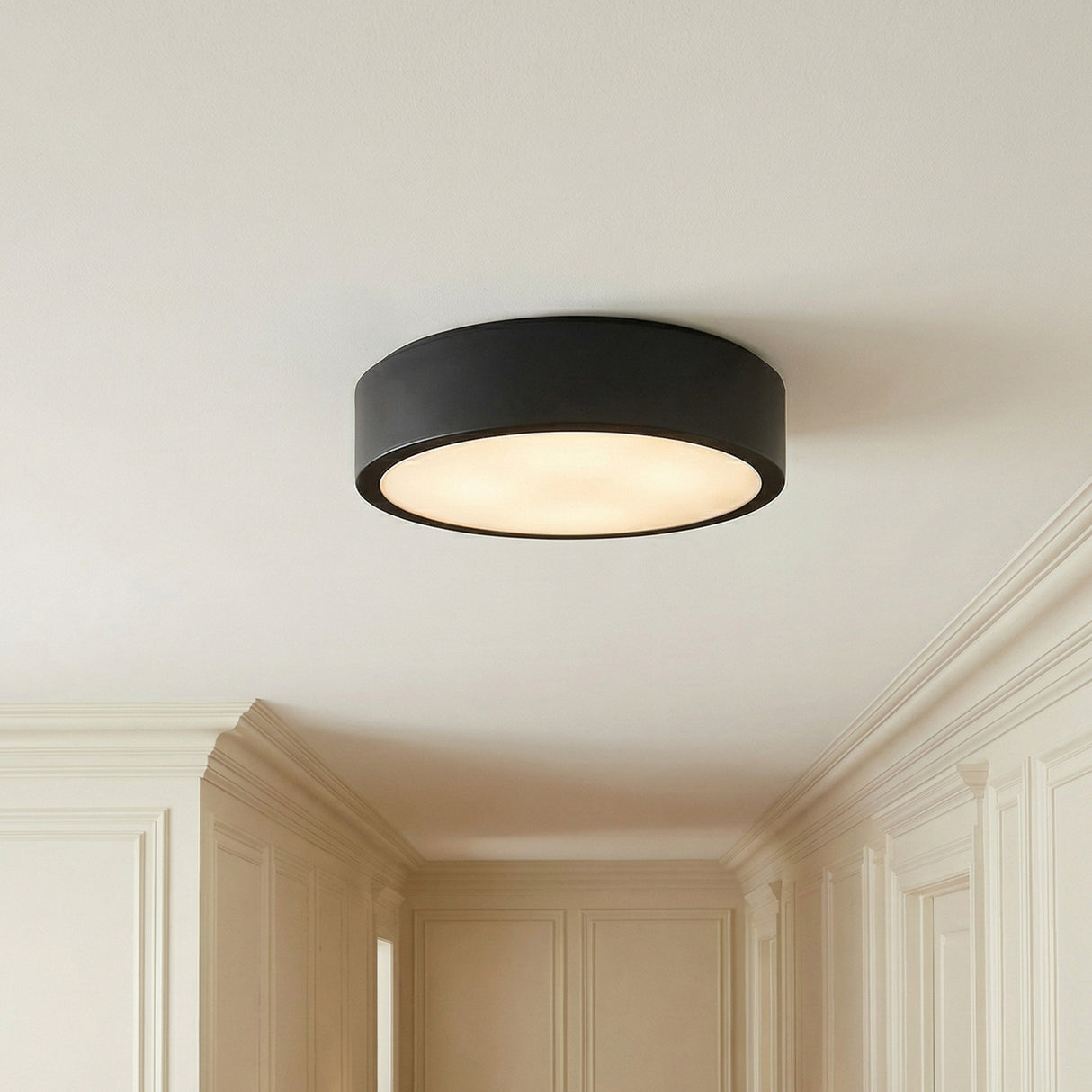 Neal Large Flush Mount 18", Matte Black geometric flush mount in a Traditional Entryway with paneled walls.