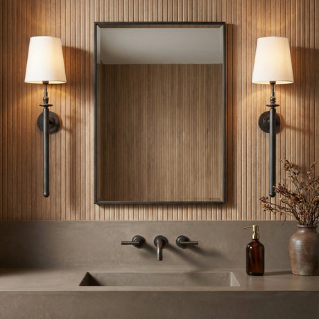 Emerson Wall Sconce 28", Aged Iron for Modern home with Wood Paneling