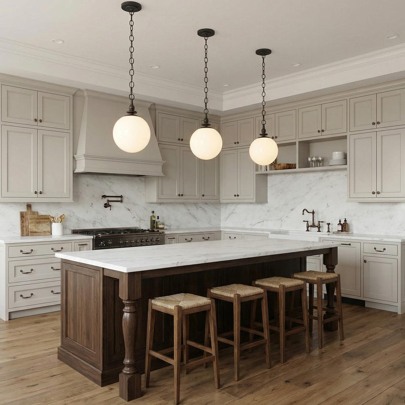 A transitional kitchen features three Emerson Medium Pendant 11", Aged Iron frosted glass globe pendants hanging over a white marble island with a dark wood base.