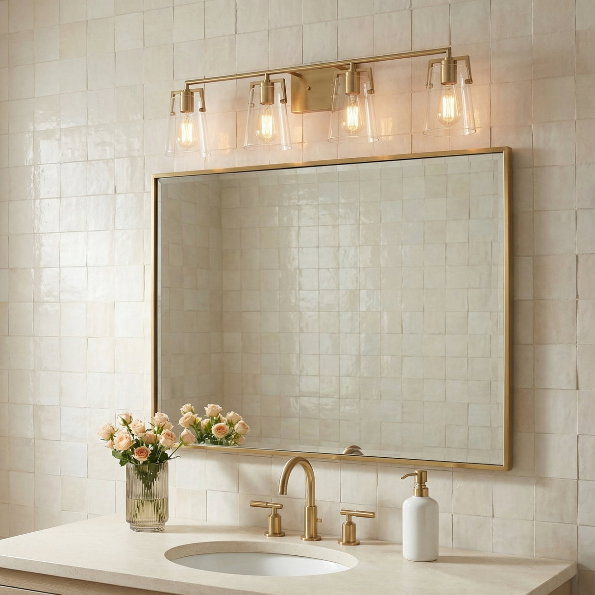 Glyn 4 Light Vanity, Satin Brass for Modern home with White Tile